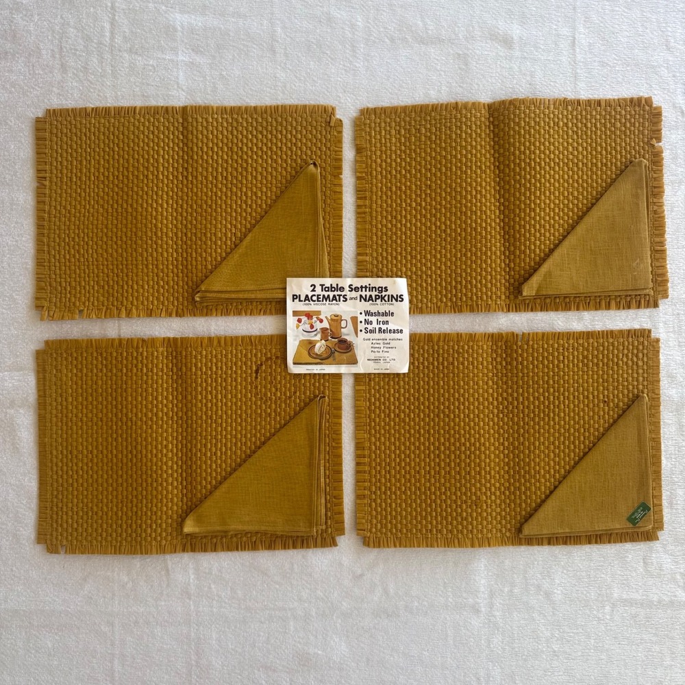 8pc Vintage Japanese MCM Woven Placemats Napkins Set 4 Mustard‎ Gold